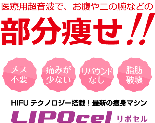 医療用超音波で部分痩せ・脂肪破壊・リバウンドなし・痛みが少ない・メス不要・HIFUテクノロジー搭載！最新の痩身マシン　リポセル